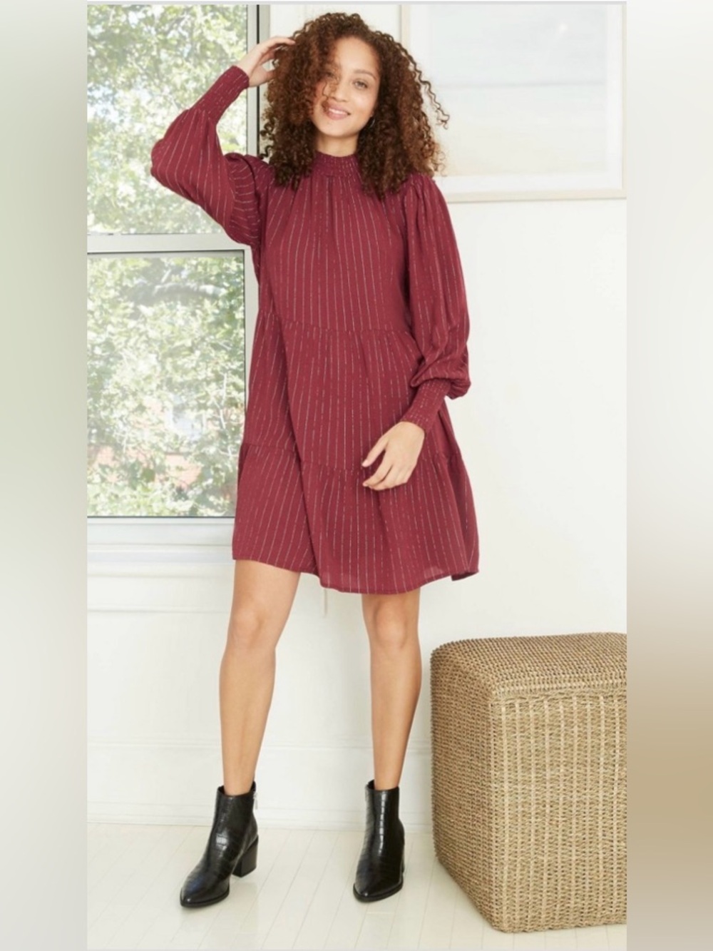 Women's Burgundy Tiered Cottagecore Metallic Stripe Boho Prairie Mini Dress XS
